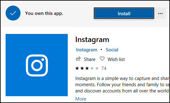 Instagram di Windows Market